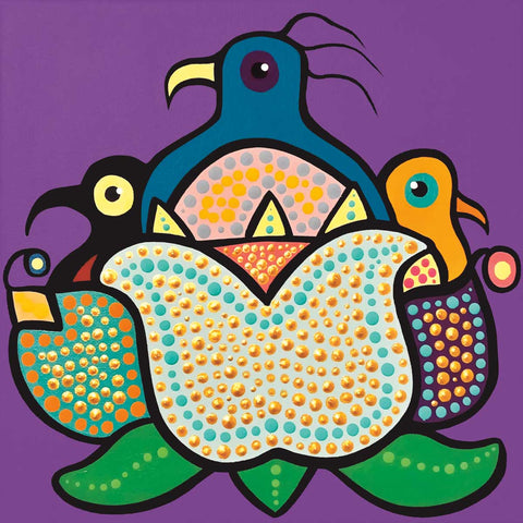 Artwork of a large bird in the middle with two smaller birds on either side in flowers on a purple background.