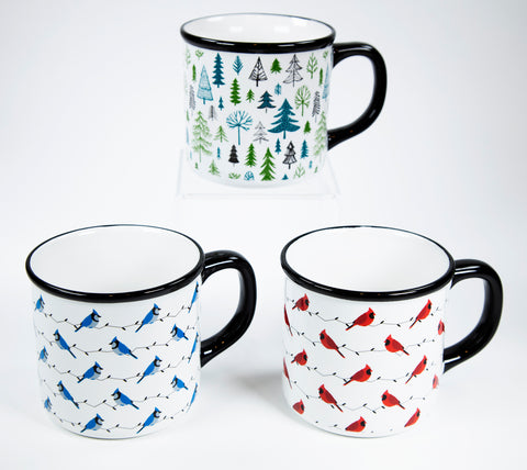 Collection of three mugs, one in each design: trees, blue jays and cardinals