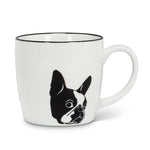 White mug with black rim featuring a boston terrier face