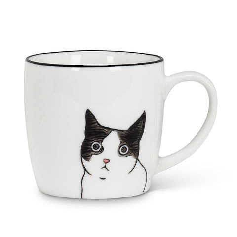 White mug with black rim featuring a peering cat face