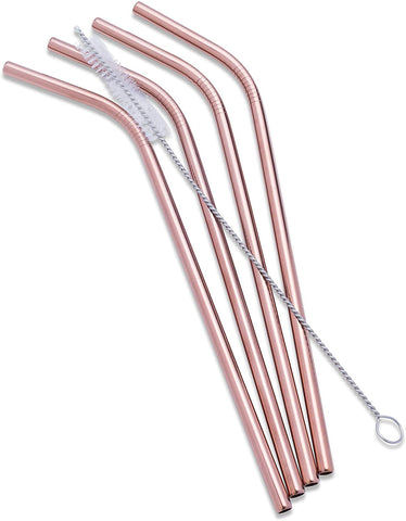 Reusable bent straws with brush in copper