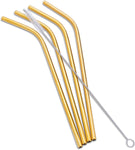 Reusable bent straws with brush in gold