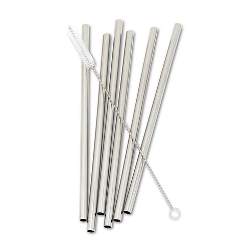 6 silver reusable straight wide straws with brush